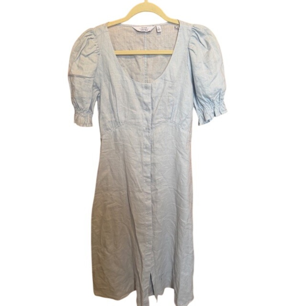 Other Stories 100% Linen Puff Sleeve Button Front Midi Dress Light Blue Size 4